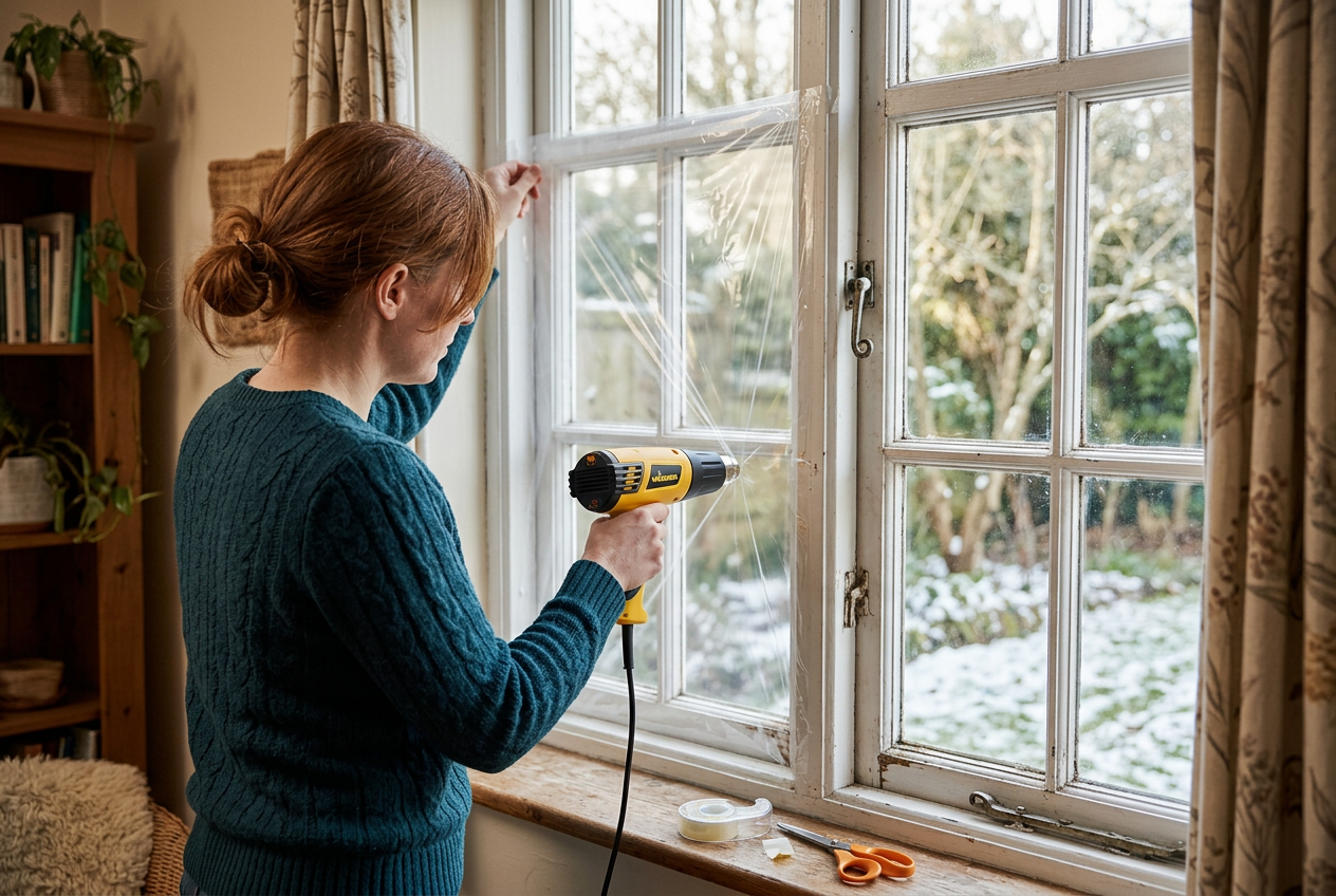 Person shrinking plastic insulation film over window