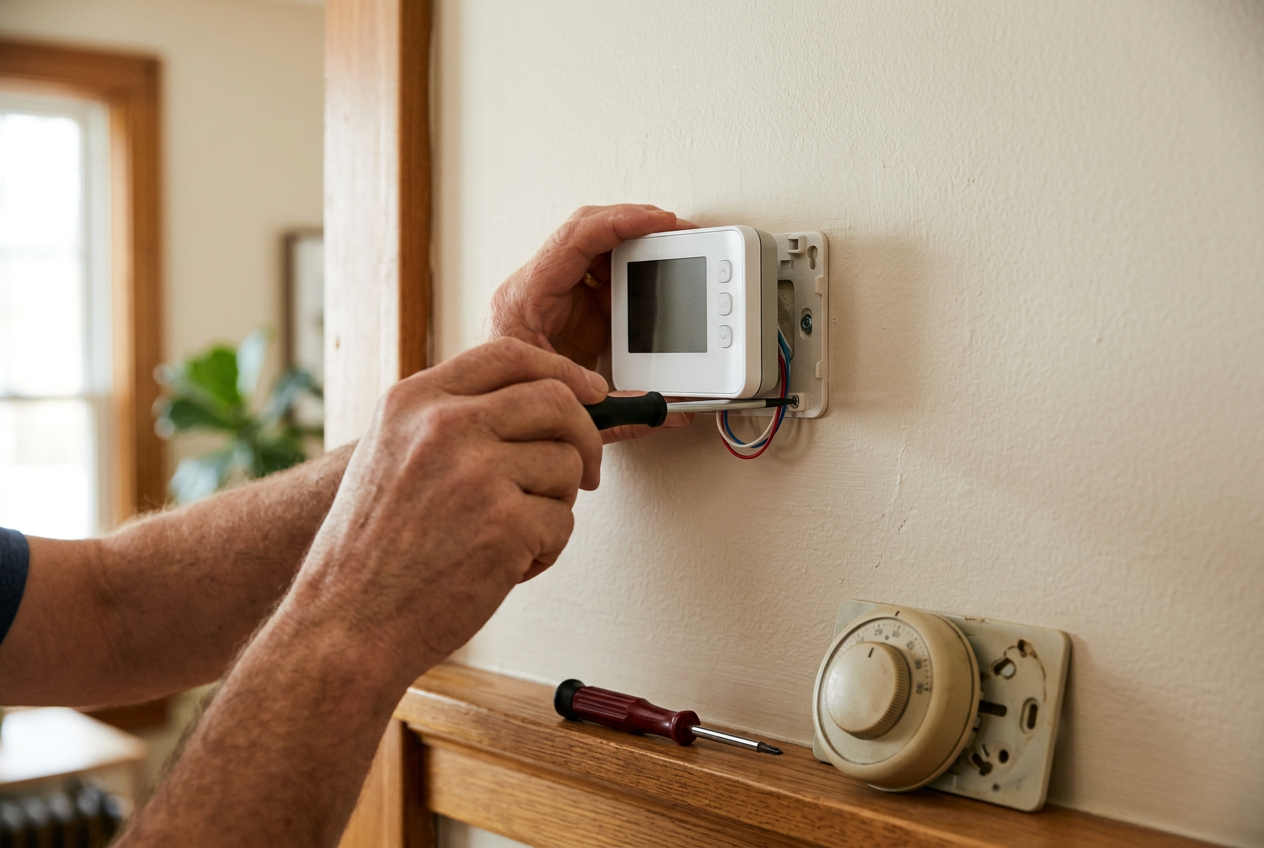 Hands installing programmable thermostat on wall