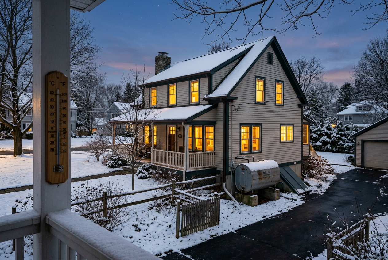 Snowy home with outdoor heating oil tank at dusk