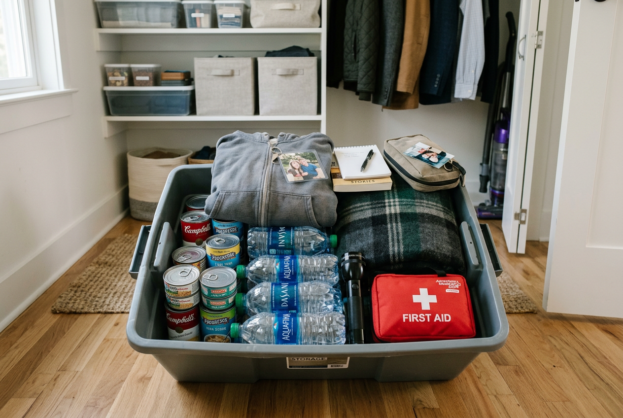 Open emergency kit tote stocked with water, food, supplies