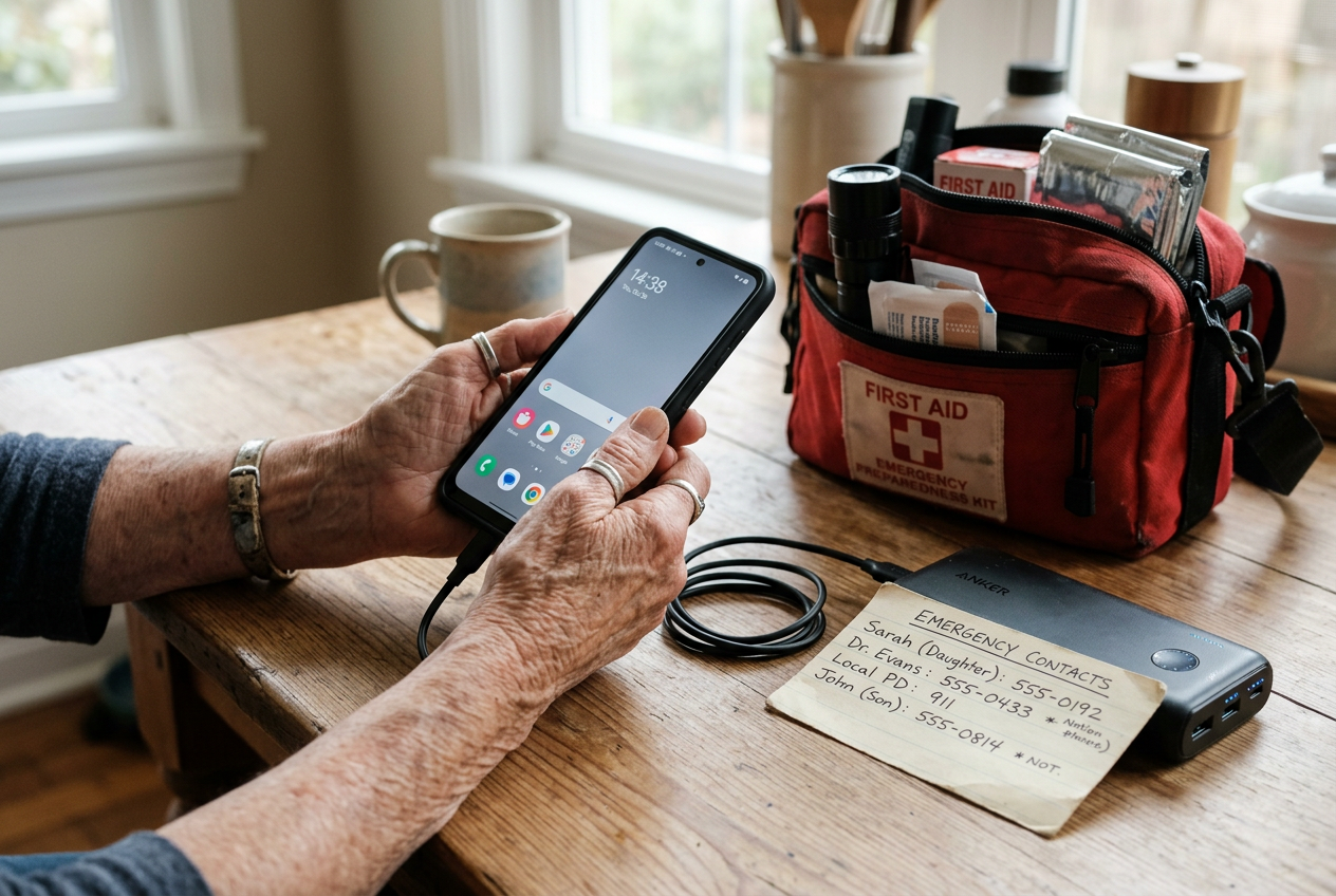 Elderly hands holding phone with written numbers and charger