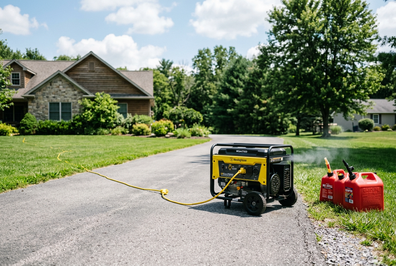 Portable generator outdoors far from house with fuel containers