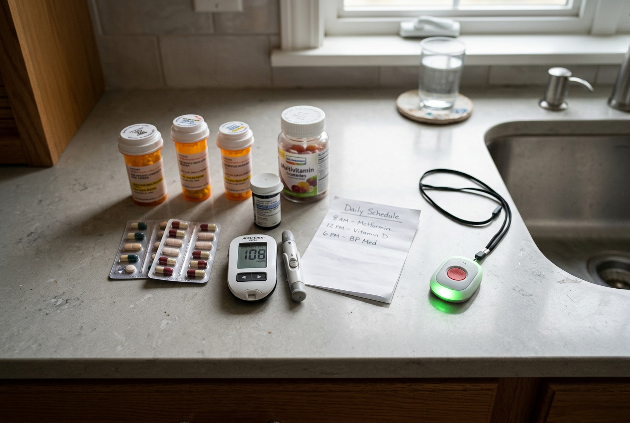 Organized medications, device, and alert pendant arranged on countertop