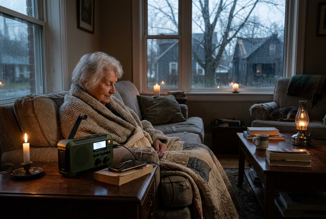 Elderly person wrapped in blankets using hand-crank radio