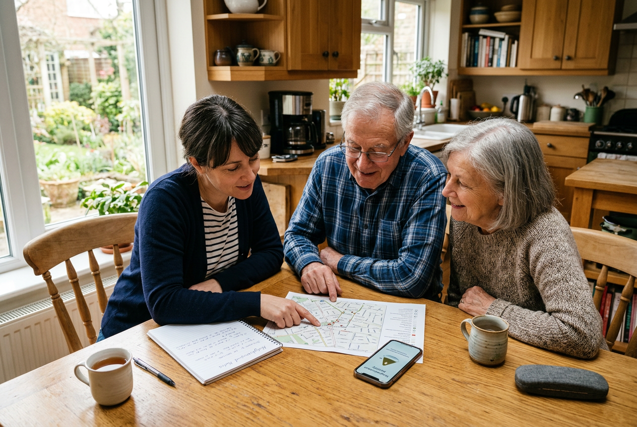 Daughter and elderly parents making emergency plan at kitchen table
