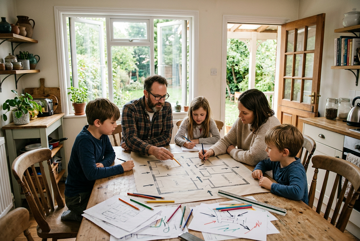 Family sketching floor plan with escape routes at table