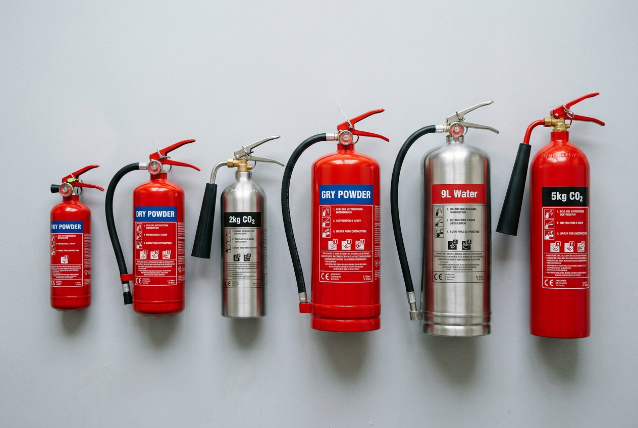 Row of different fire extinguishers arranged on gray surface