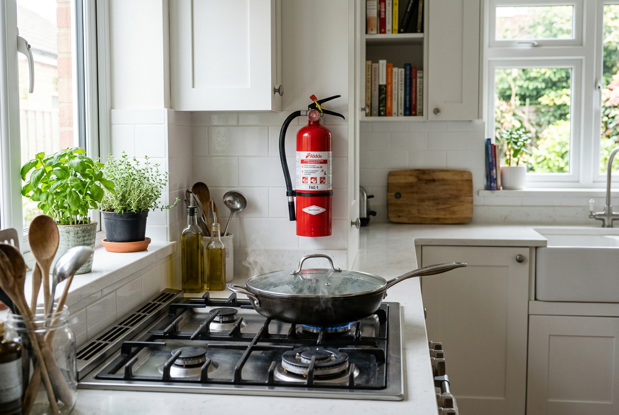 Kitchen stovetop with covered pan and wall-mounted extinguisher