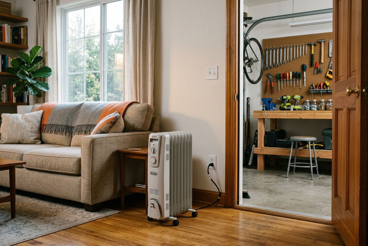Living room space heater and tidy garage workbench beyond