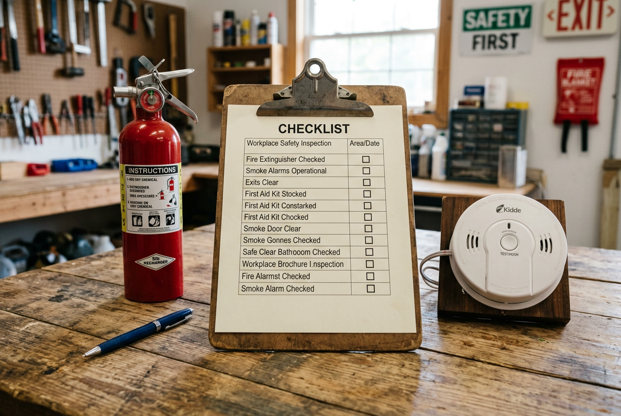 Blank checkbox clipboard beside pen extinguisher and alarm