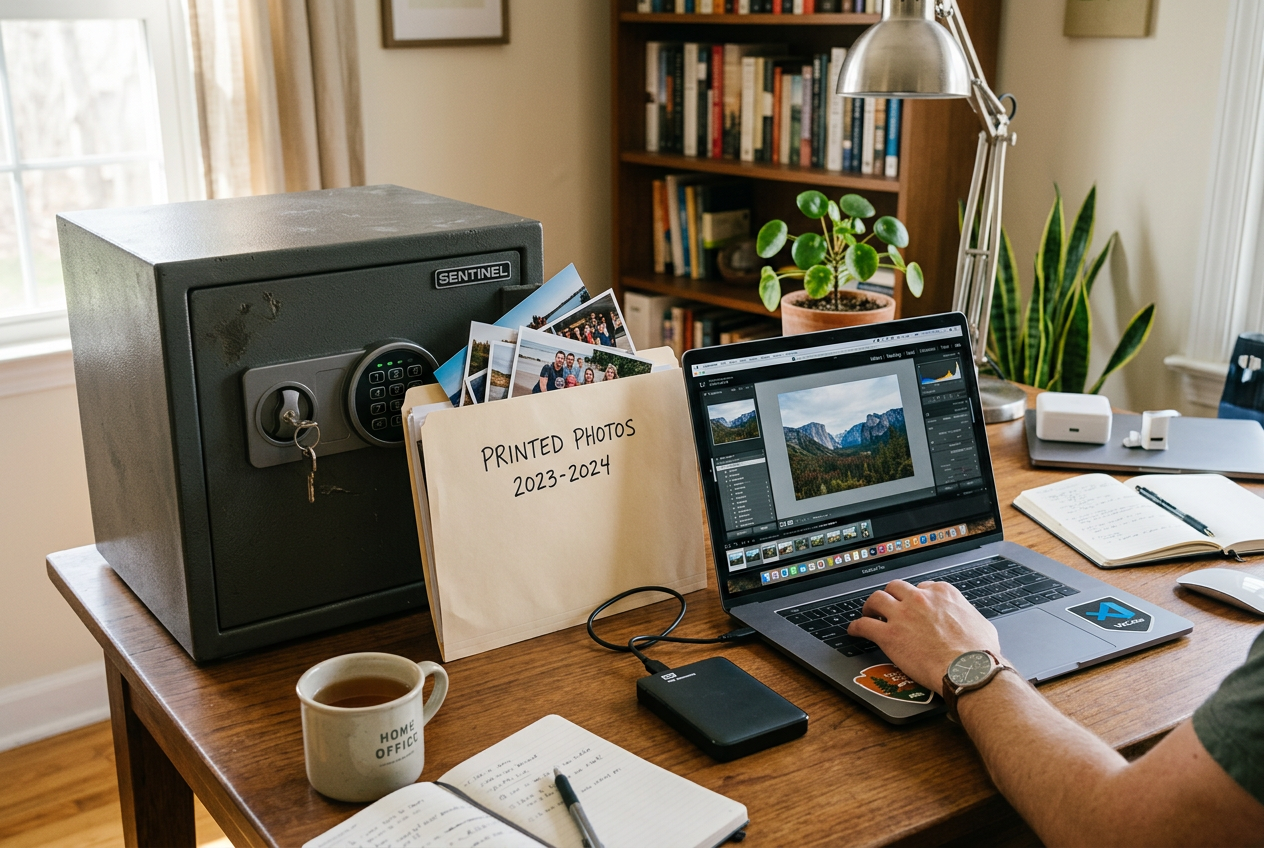 Fireproof safe and external drive flanking laptop with printed photo folder