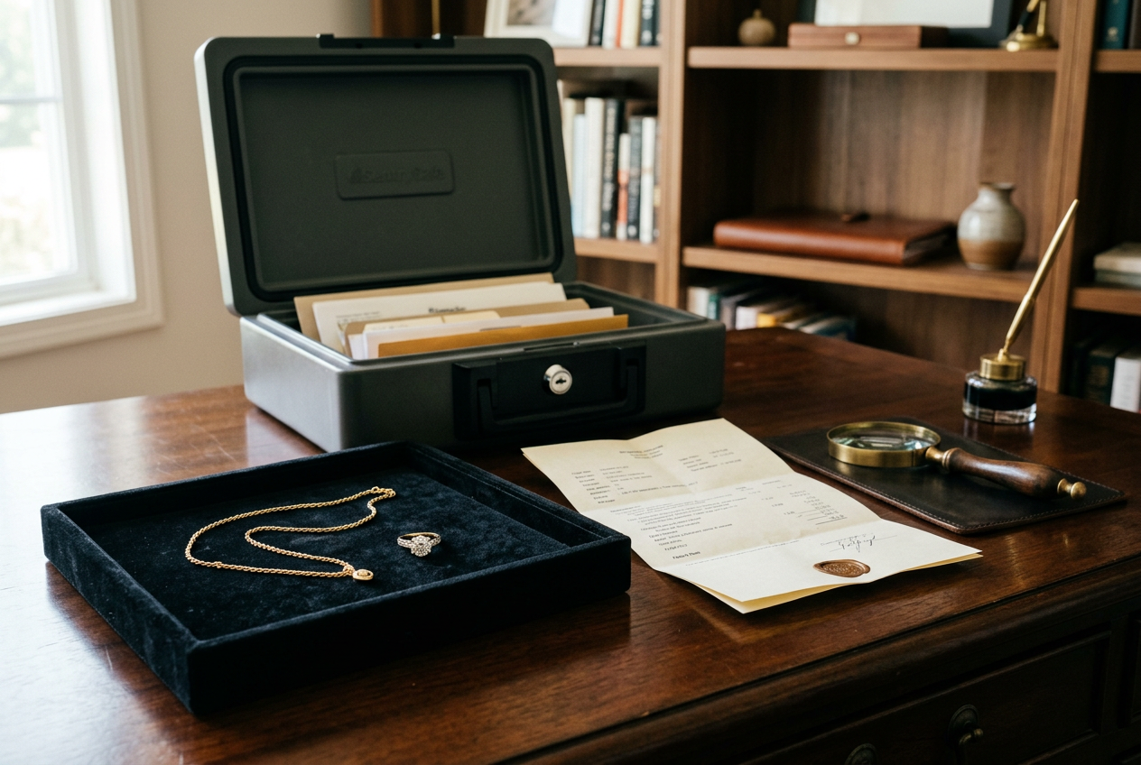 Jewelry on velvet tray with appraisal papers and fireproof document box