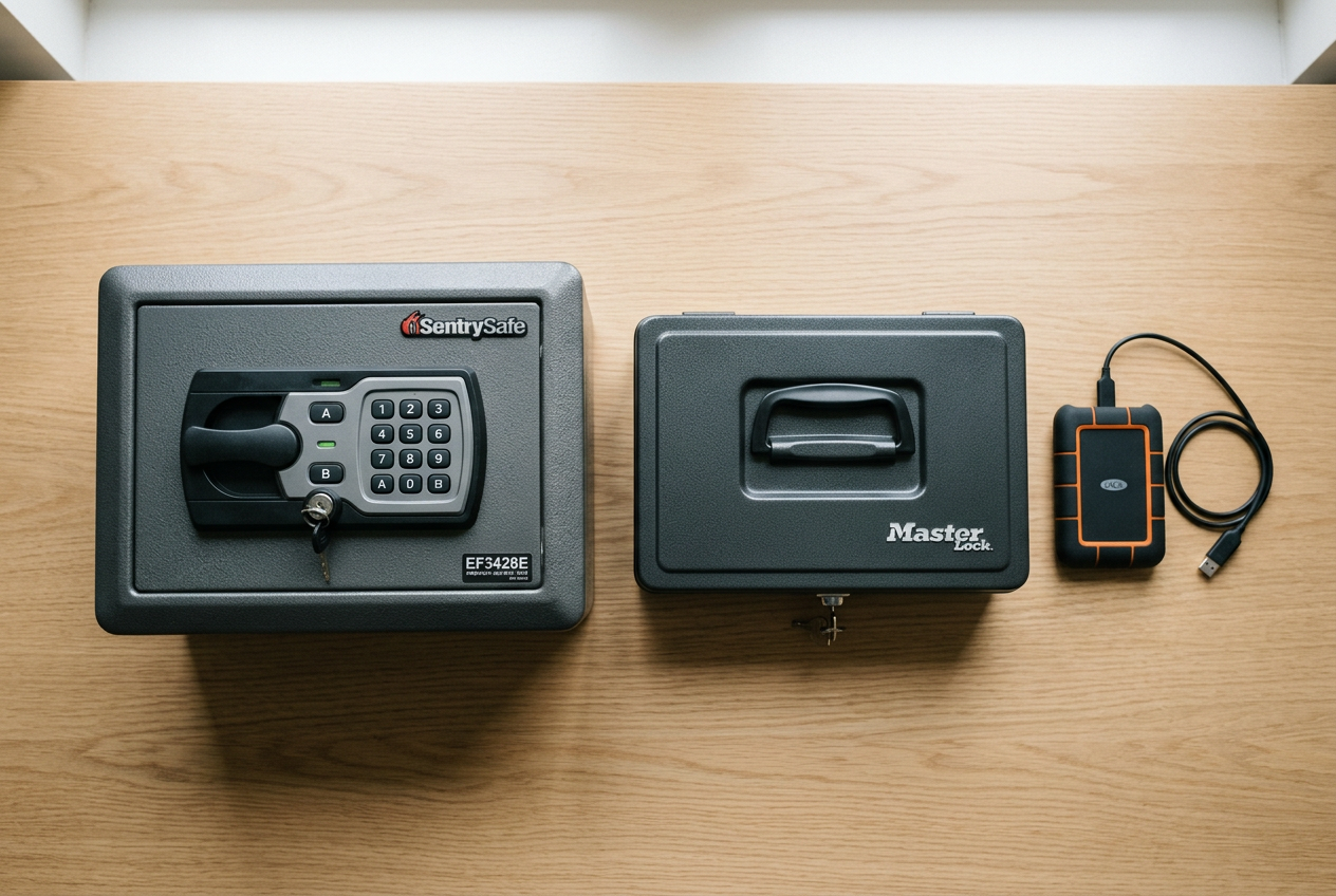 Overhead view of fireproof safe, document box, and external hard drive