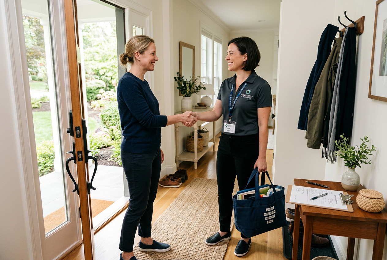 Homeowner shaking hands with professional organizer holding supply tote