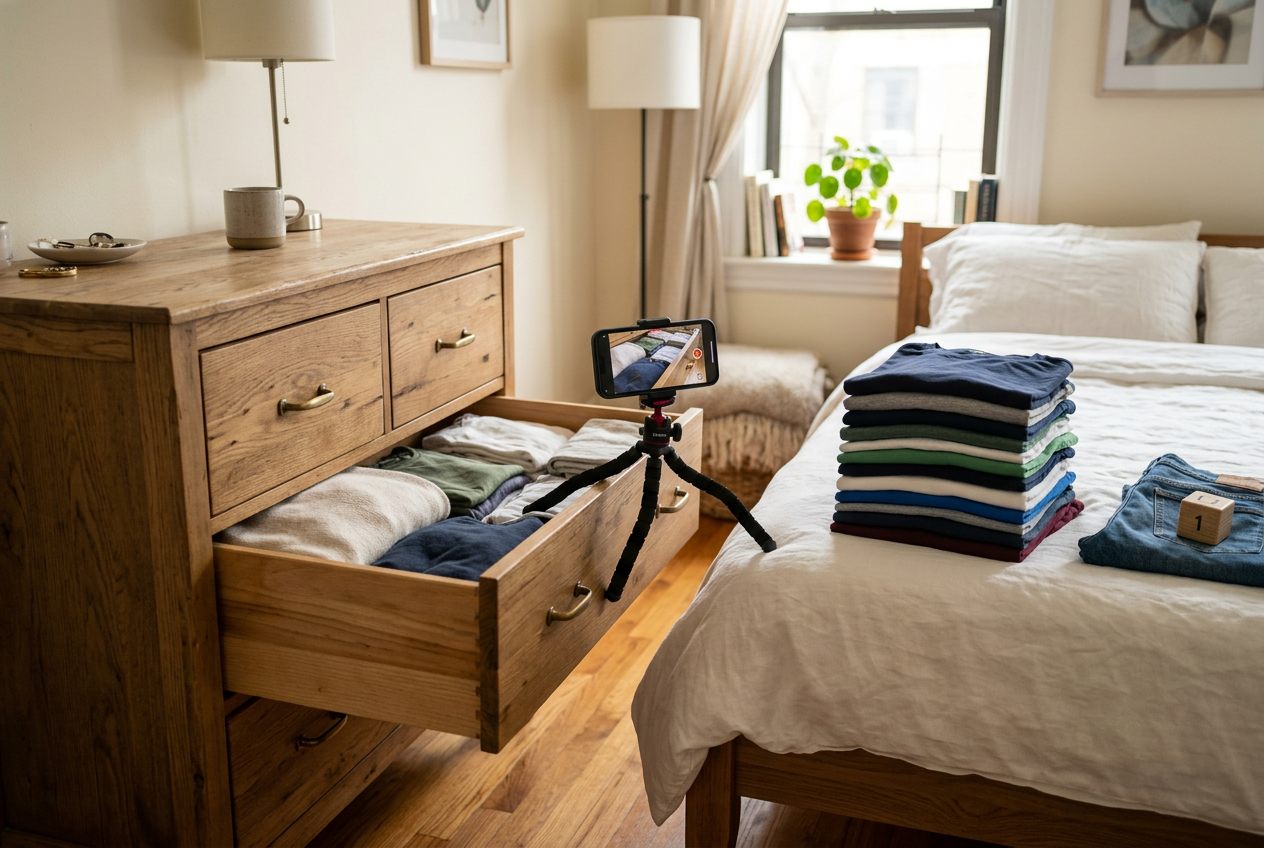 Smartphone on tripod photographing open dresser drawer of folded clothing