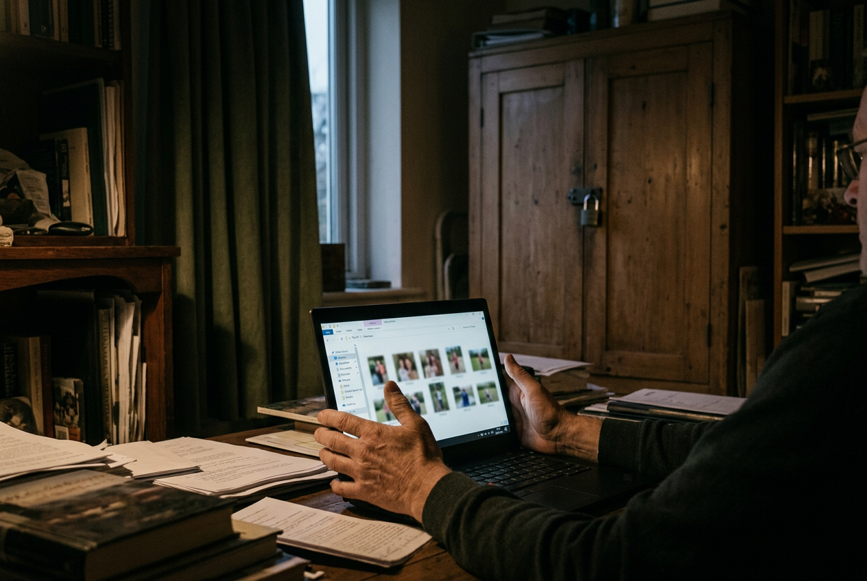 Hands shielding laptop with blurred thumbnails near locked cabinet and curtain