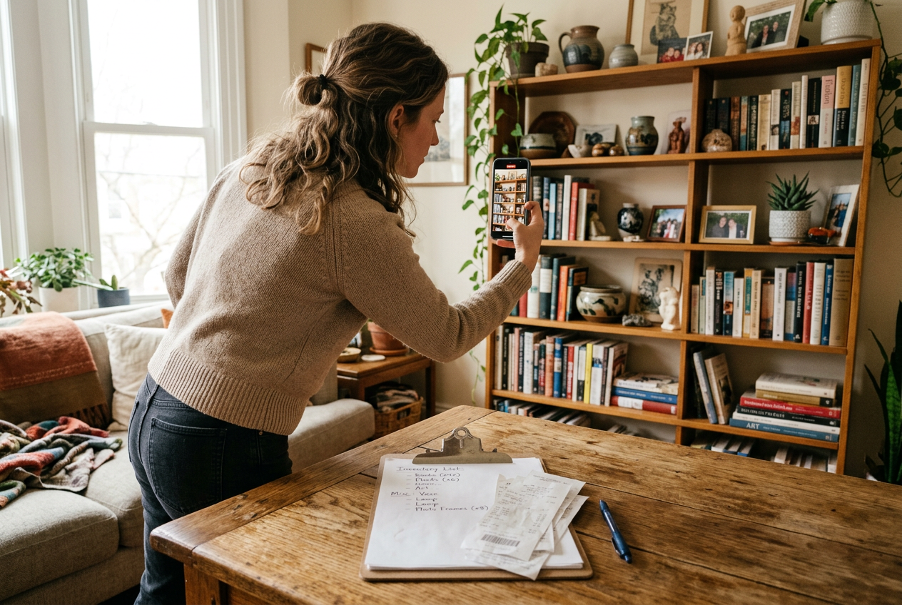 Person recording living room belongings with phone beside handwritten inventory list