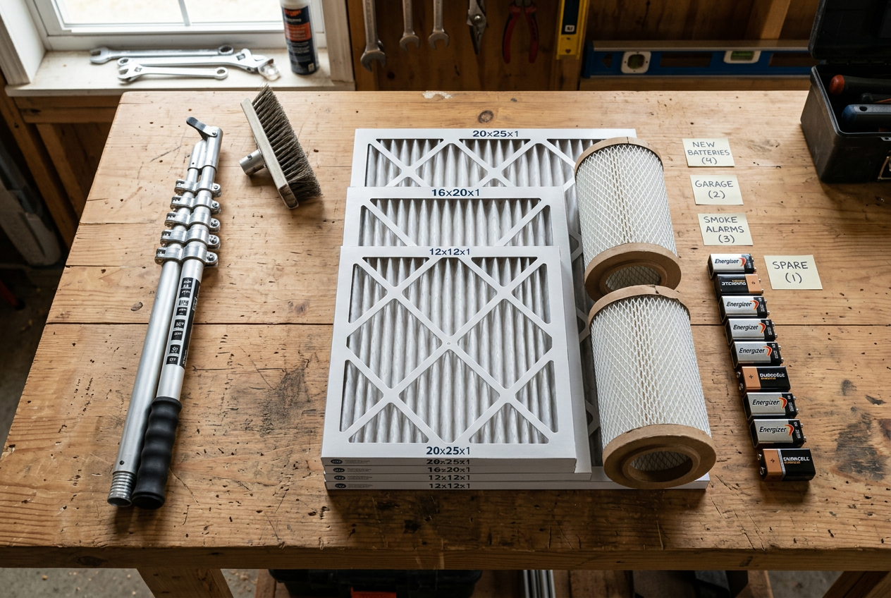 Flat-lay of gutter pole, air filters, and batteries