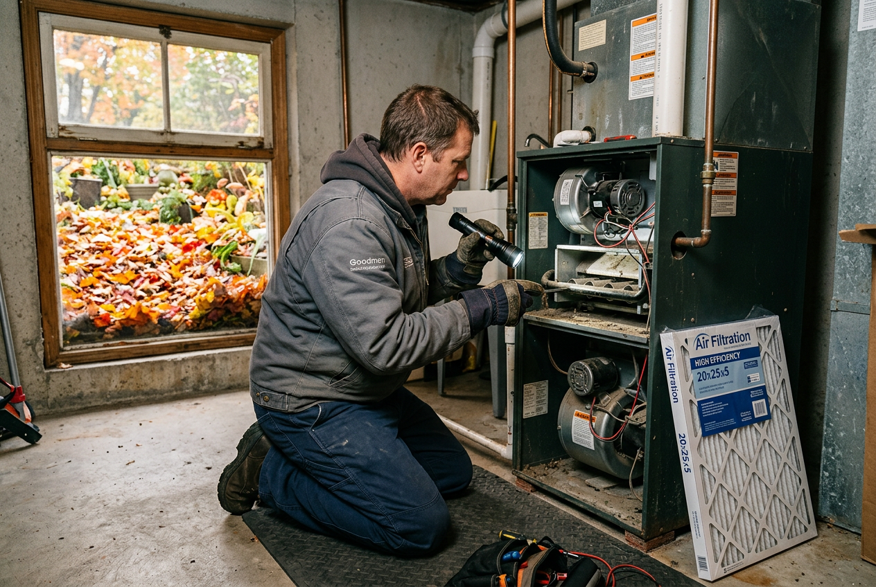 Technician servicing basement furnace with new filter nearby