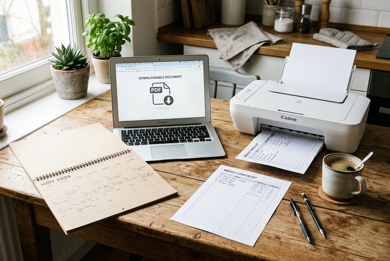 Calendar, laptop, and printed checklist on kitchen table
