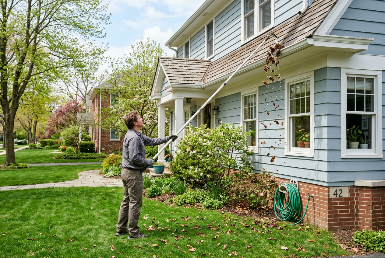 Homeowner cleaning gutters from ground with long pole
