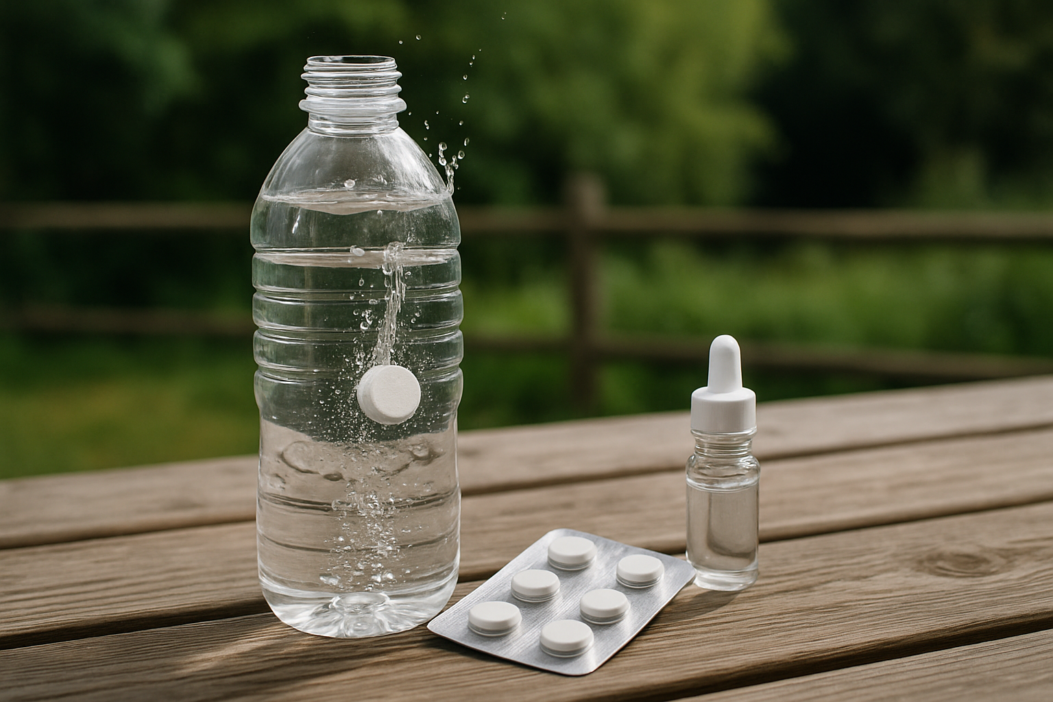 Purification tablet dropping into a water bottle on table