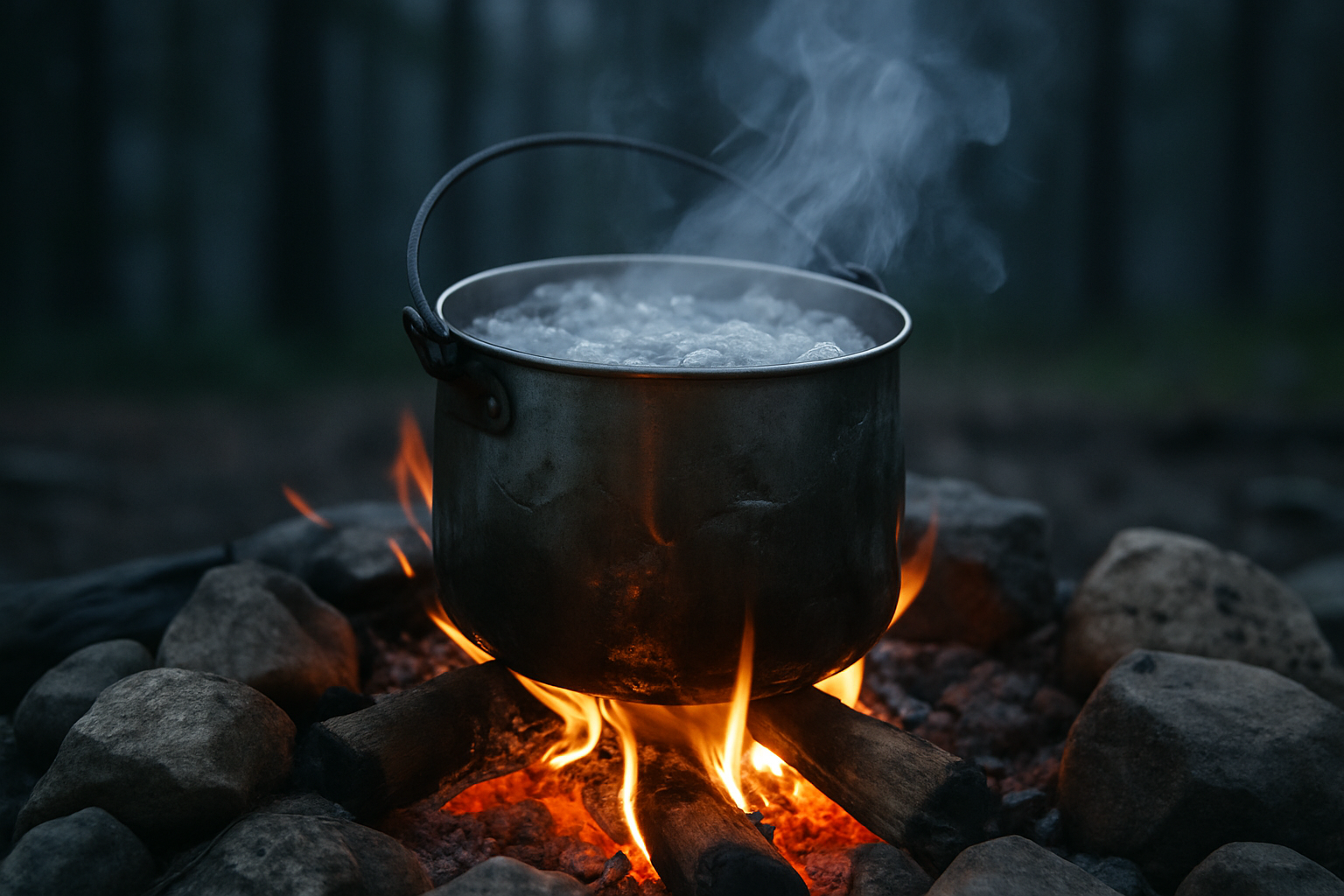 Metal pot of boiling water over a campfire flame