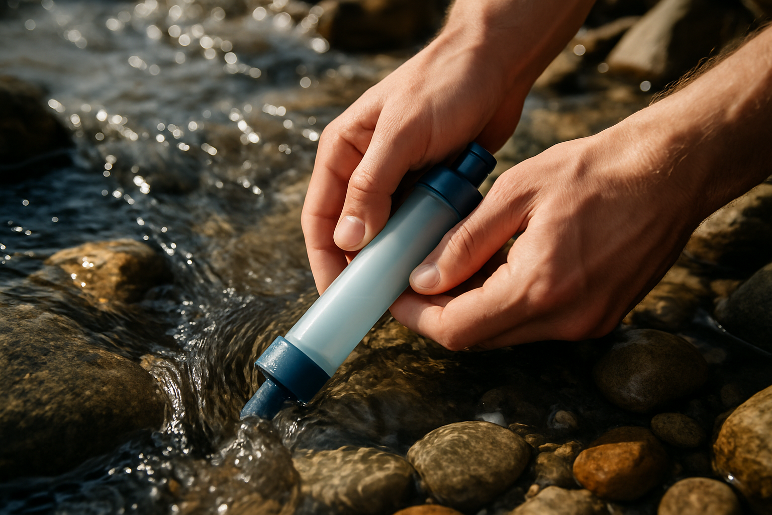 Hands using a straw filter to drink from a stream
