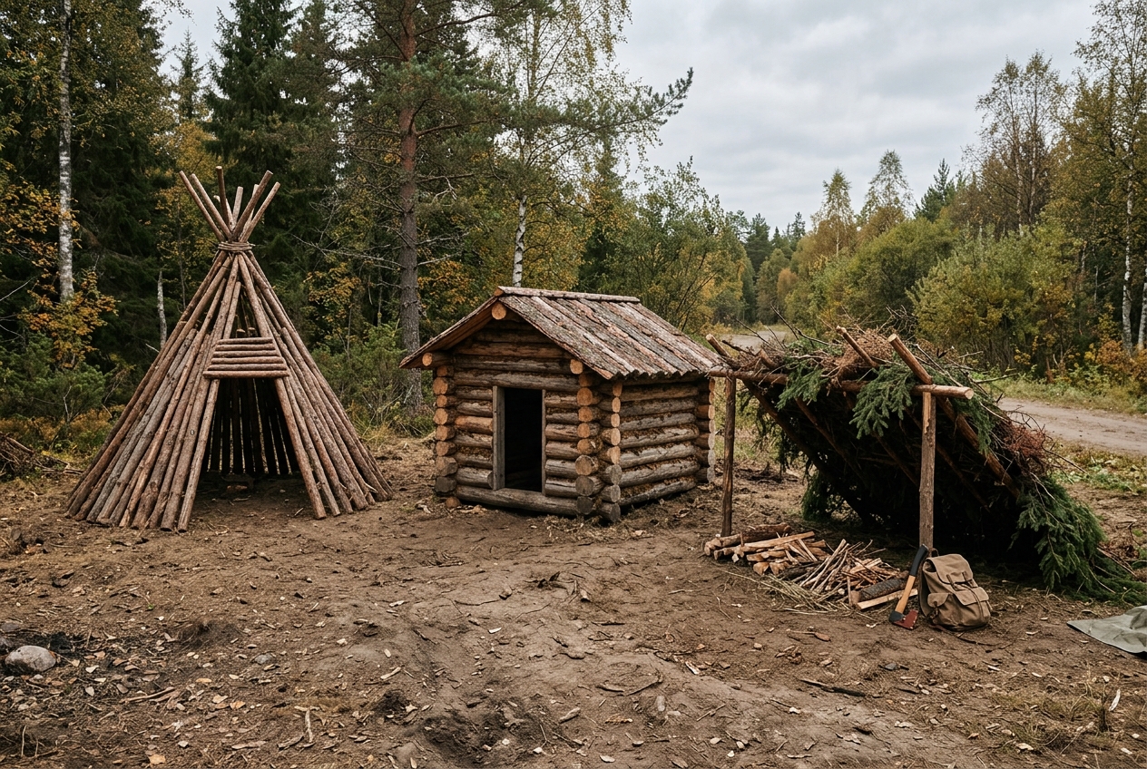 Three unlit fire lay structures arranged on bare dirt