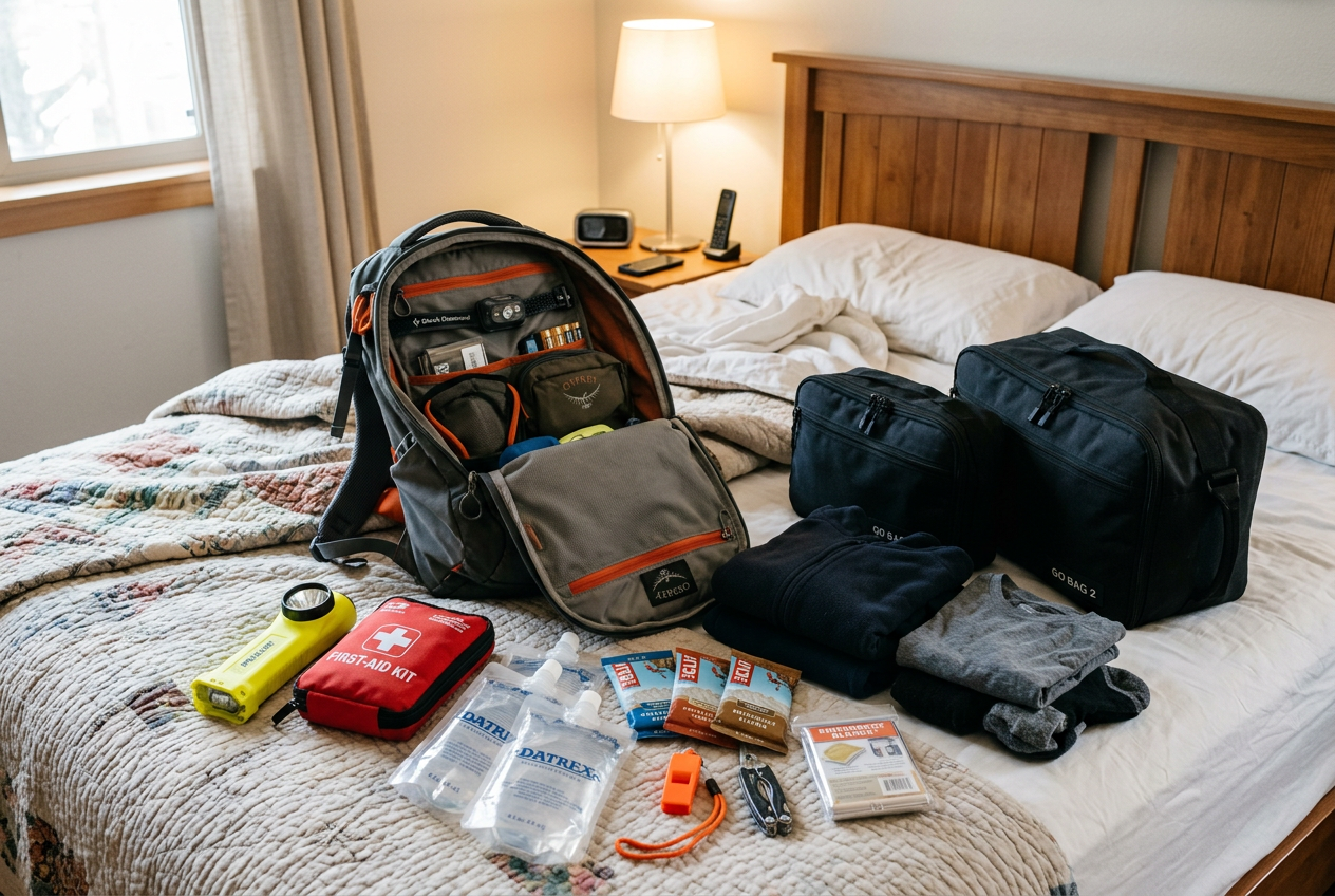 Open backpack with emergency supplies and two ready-made kits