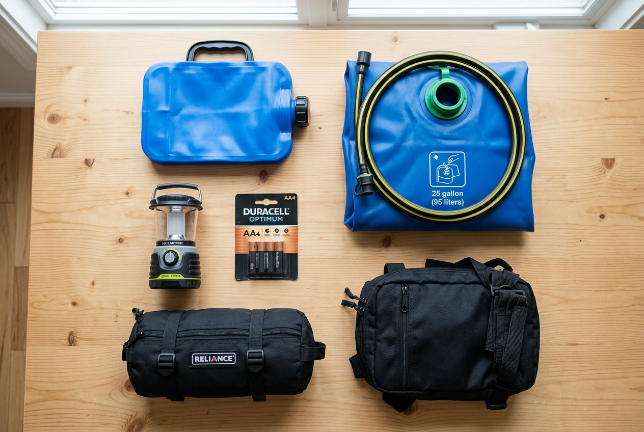 Overhead flat-lay of water, lighting, and emergency kit items