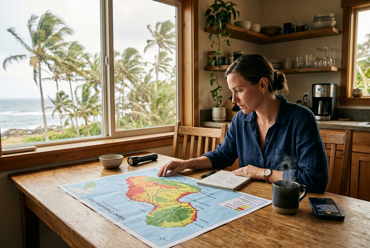 Person studies island evacuation map with phone alert at table