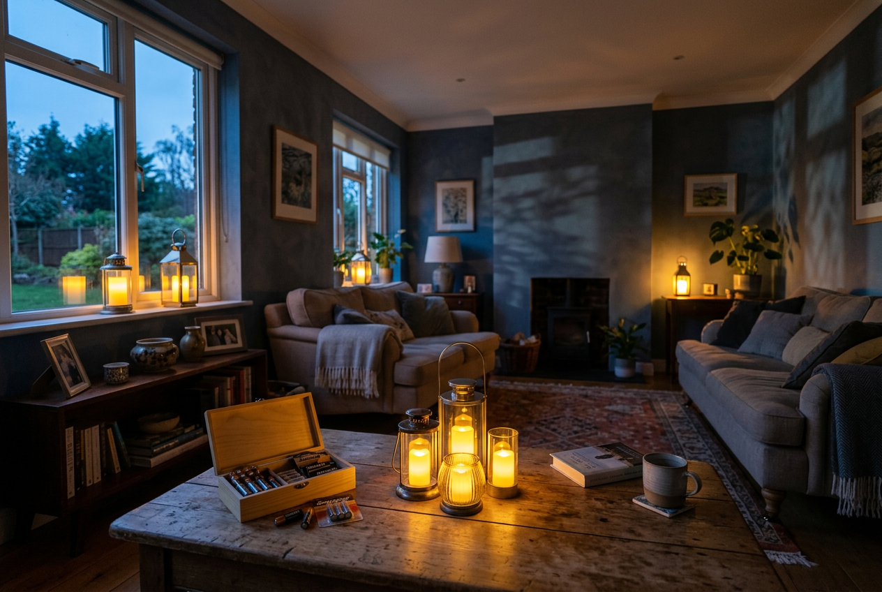 Glowing LED lanterns light dim living room with spare batteries