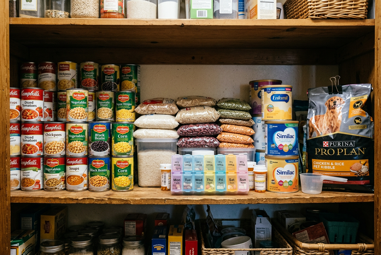 Pantry stocked with canned food, medications, baby and pet supplies