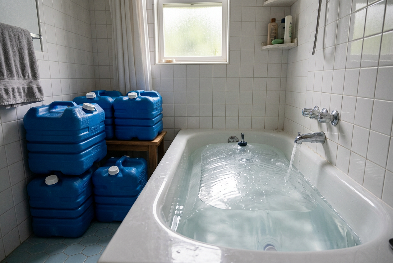 Bathtub water bladder and collapsible jugs in bright bathroom