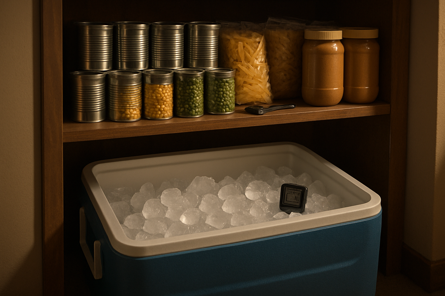 Pantry shelf of canned goods beside ice-filled cooler on floor