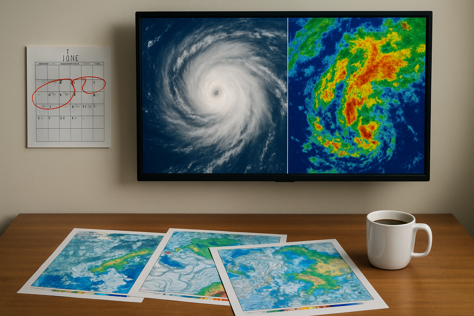 Meteorologist desk showing swirling storm on satellite radar screen