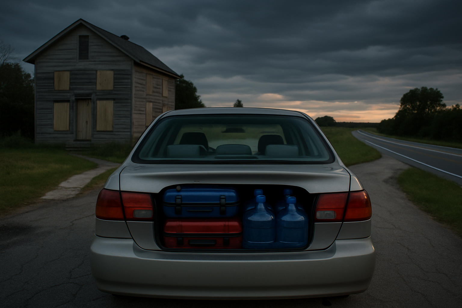 Packed car in driveway facing fork between home and highway