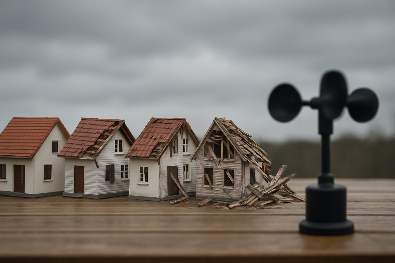 Row of model houses showing escalating hurricane wind damage