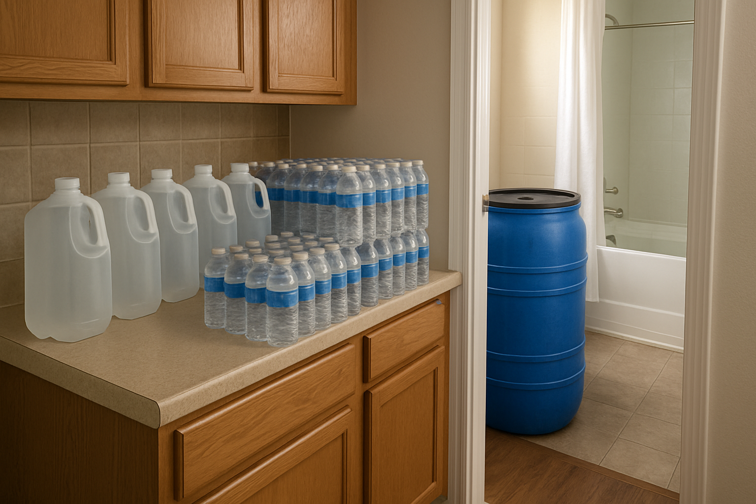 Kitchen counter with stored water jugs and filled bathtub nearby