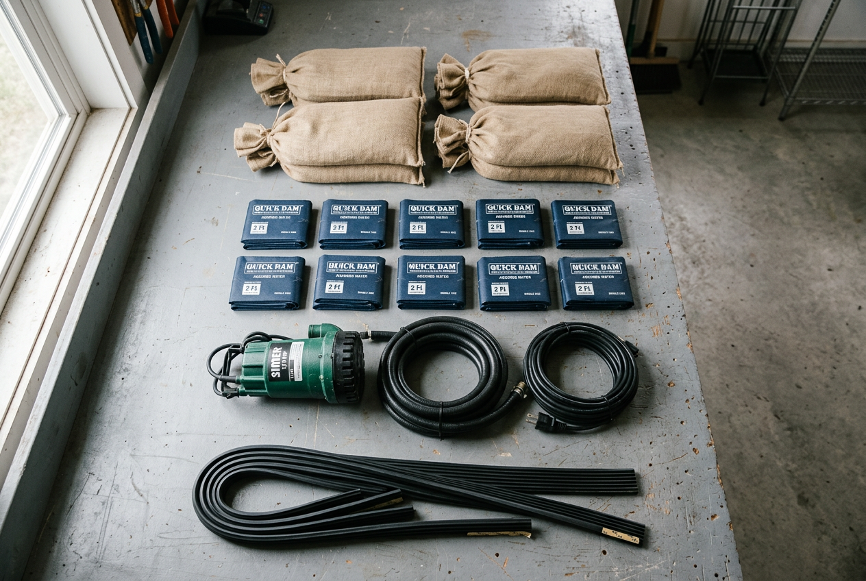 Overhead flat-lay of flood barriers and sump pump neatly arranged