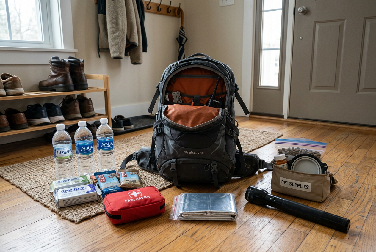 Open go-bag with water, food bars, first aid, and flashlight