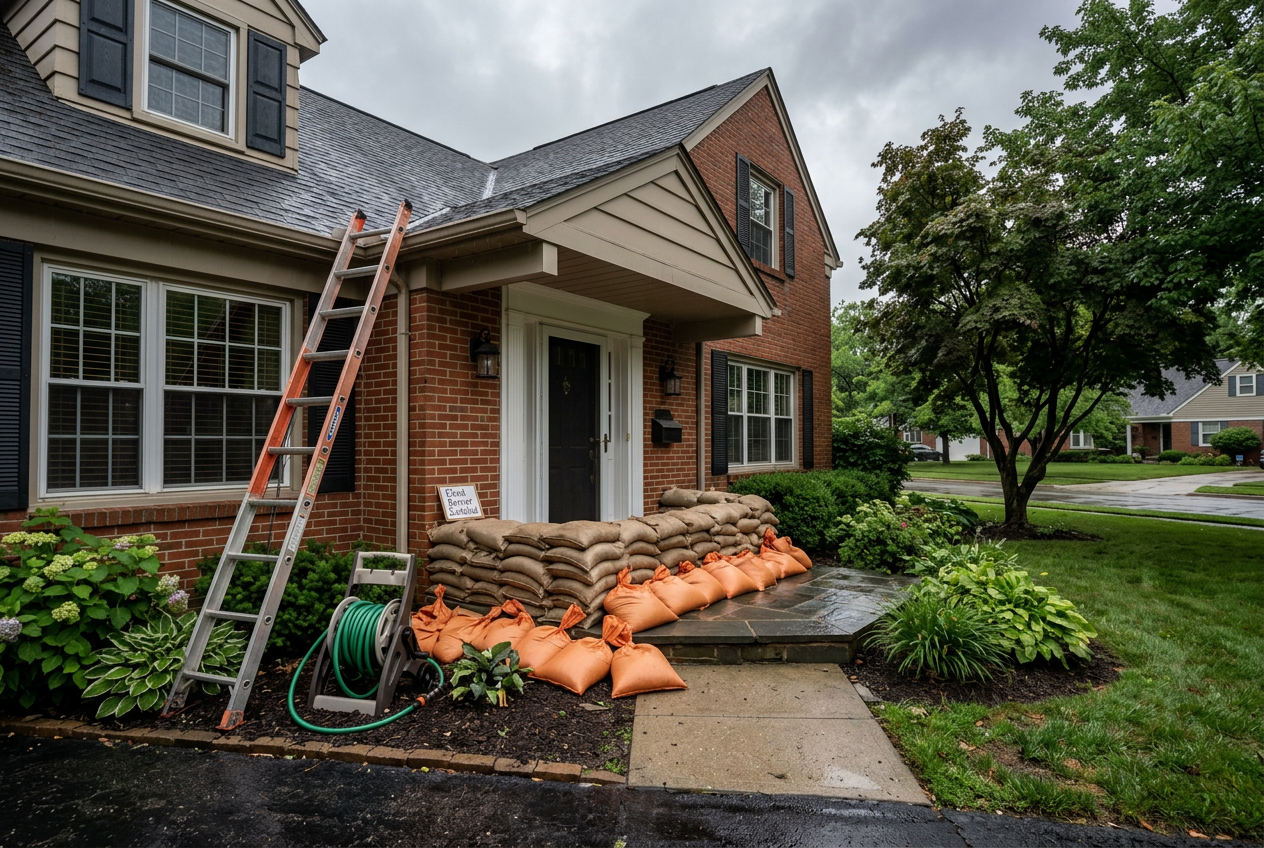 Sandbags and flood bags barricading a suburban home doorway