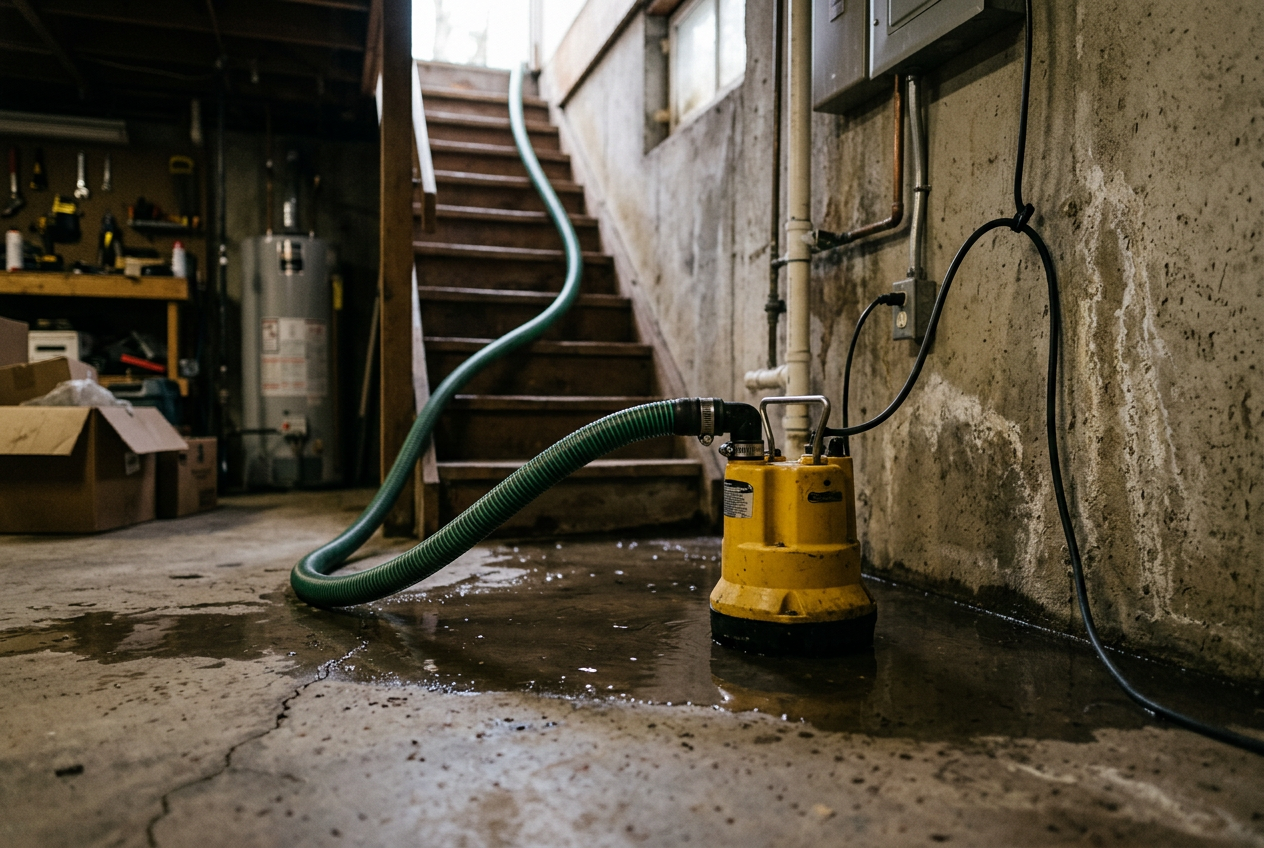 Submersible sump pump draining water from flooded concrete basement