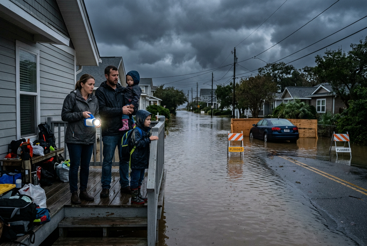 Family on dry porch overlooking flooded street during storm