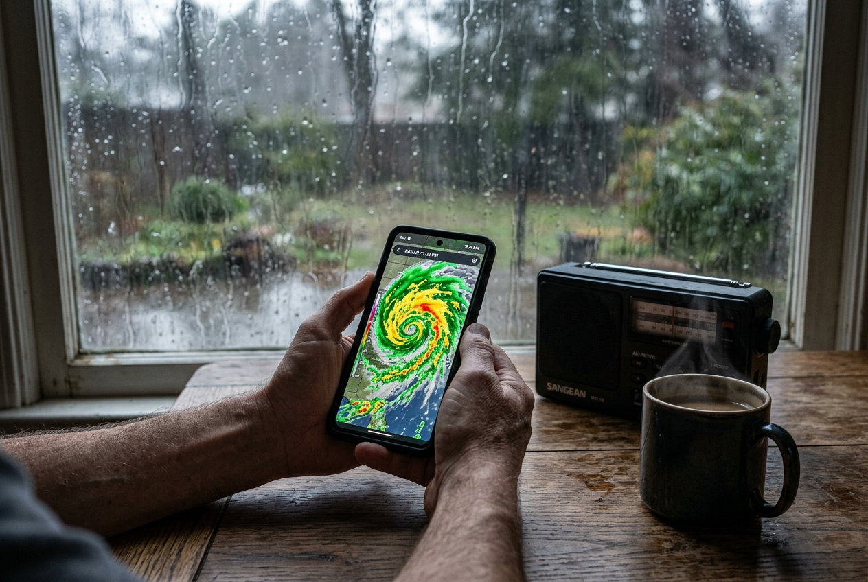 Hands holding phone with storm radar beside weather radio indoors