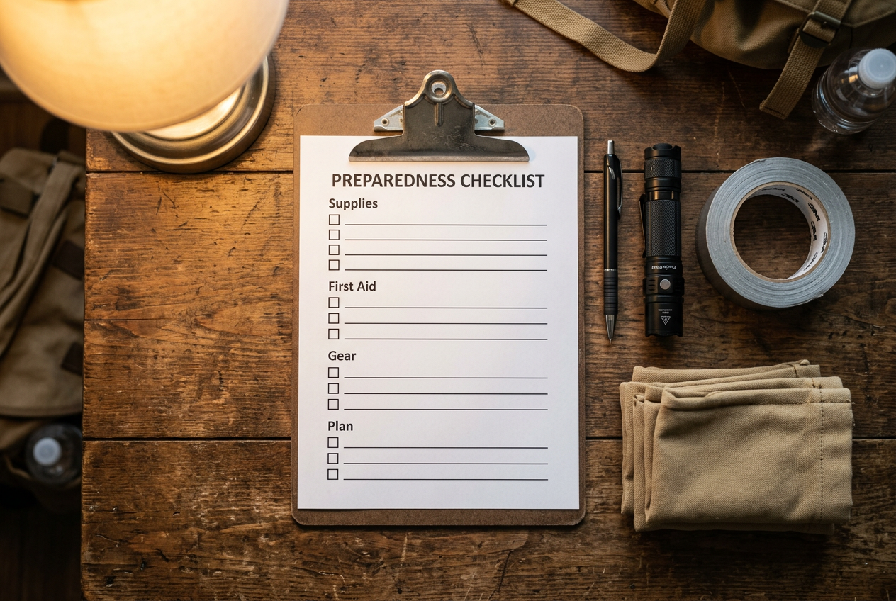 Clipboard checklist beside flashlight, tape, and folded sandbags on table