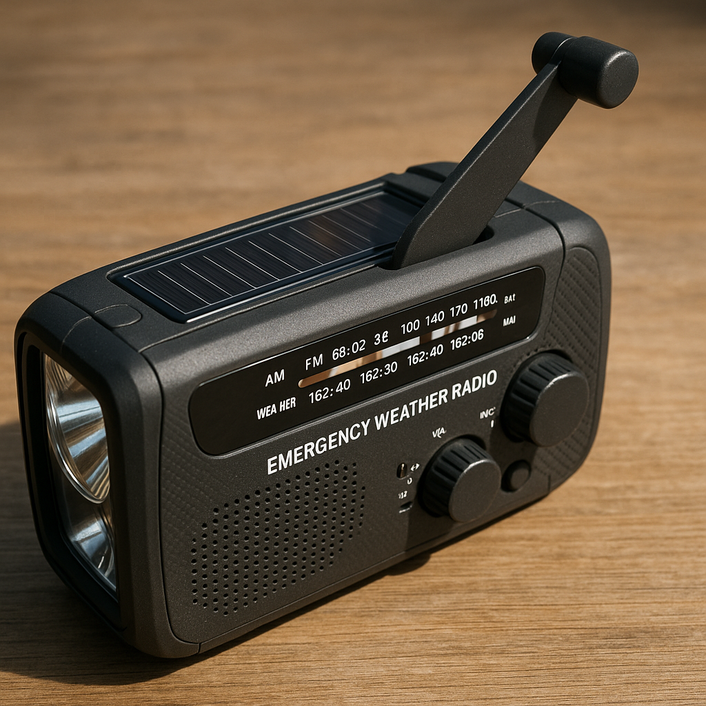 Midland ER310 emergency radio with hand crank, solar panel, and SOS beacon visible
