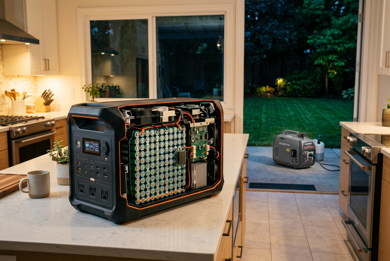 Portable battery indoors, fuel generator far outside the window