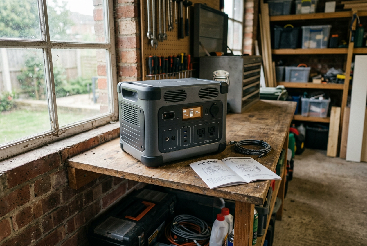 Power station stored safely on ventilated garage shelf